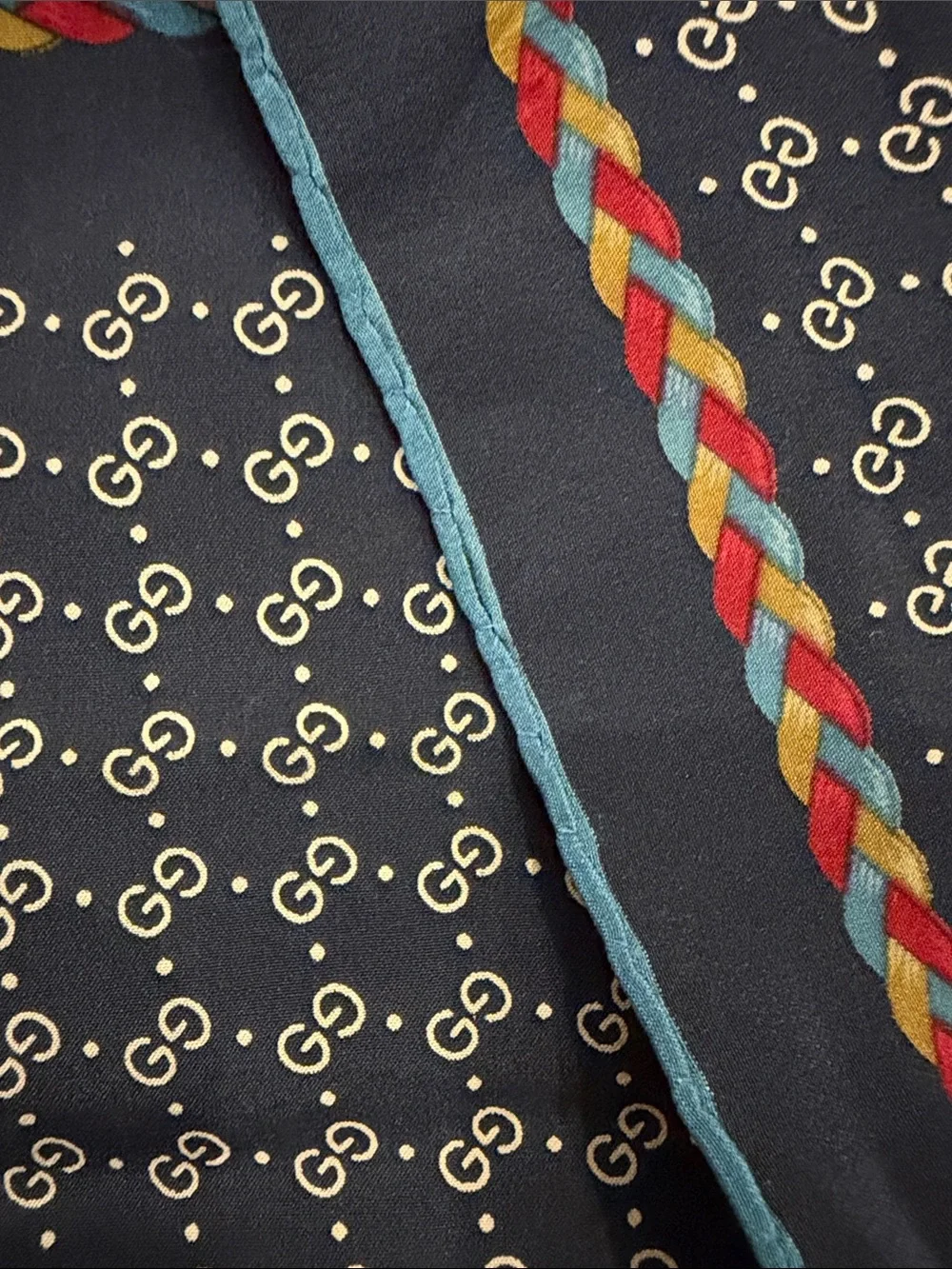 Vintage Gucci Black Silk Square Scare with Red, Green and Yellow Trim